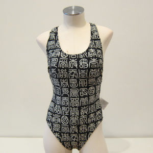 Women Swimsuit Size 10 Black White Hydra Stretchy Symbol Motif One-Piece V-Neck